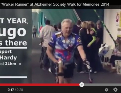 Bob Hardy aims for 21 KM in 2.5 hours with a walker at Alzheimer Society Walk for Memories